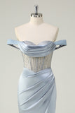 Dusty Blue Corset Off the Shoulder Mermaid Satin Prom Dress with Slit