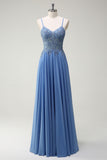 Dusty Blue Corset Applique A-Line Pleated Prom Dress