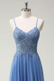 Dusty Blue Corset Applique A-Line Pleated Prom Dress