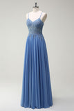 Dusty Blue Corset Applique A-Line Pleated Prom Dress