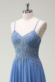 Dusty Blue Corset Applique A-Line Pleated Prom Dress