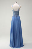 Dusty Blue Corset Applique A-Line Pleated Prom Dress