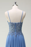 Dusty Blue Corset Applique A-Line Pleated Prom Dress