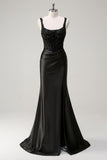 Black Scoop Neck Beaded Mermaid Satin Prom Dress with Slit