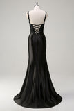 Black Scoop Neck Beaded Mermaid Satin Prom Dress with Slit