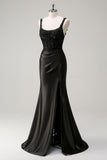 Black Scoop Neck Beaded Mermaid Satin Prom Dress with Slit