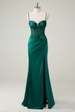 Dark Green Corset Mermaid Beaded Satin Prom Dress with Slit