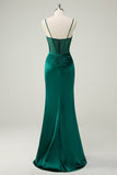 Dark Green Corset Mermaid Beaded Satin Prom Dress with Slit