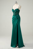 Dark Green Corset Mermaid Beaded Satin Prom Dress with Slit