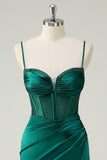 Dark Green Corset Mermaid Beaded Satin Prom Dress with Slit