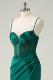 Dark Green Corset Mermaid Beaded Satin Prom Dress with Slit