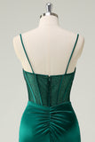 Dark Green Corset Mermaid Beaded Satin Prom Dress with Slit