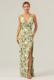 Green Large Floral Sheath Ruffled Bridesmaid Dress with Slit