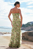 Green Large Floral Chiffon Sheath Bridesmaid Dress with Ruffles