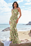 Green Flower Halter Chiffon Bodycon Bridesmaid Dress with Ruffles