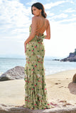 Green Flower Halter Chiffon Bodycon Bridesmaid Dress with Ruffles