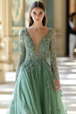 V-Neck Sage Applique A-Line Pleated Formal Dress