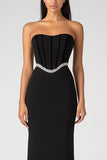 Black Strapless Sheath Formal Dress with Rhinestone Belt