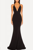 Halter Black V-Neck Mermaid Floor Length Formal Dress