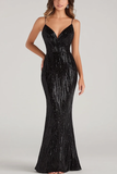 Spaghetti Straps Black Sequined Mermaid Formal Dress