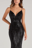 Spaghetti Straps Black Sequined Mermaid Formal Dress