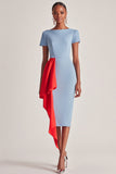 Sheath Blue Ankle Length Mother of the Bride Dress with a Red Ruffle