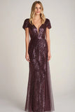 Sparkly Burgundy V-Neck Sequined Sheath Formal Dress