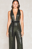 Olive Sequined Deep V-Neck Formal Jumpsuit with Sash