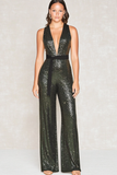 Olive Sequined Deep V-Neck Formal Jumpsuit with Sash