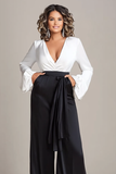 White and Black V-Neck Loose Formal Jumpsuit with Pockets