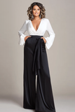 White and Black V-Neck Loose Formal Jumpsuit with Pockets