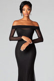 Black Mermaid Off the Shoulder Formal Dress with Long Sheer Sleeves