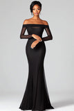 Black Mermaid Off the Shoulder Formal Dress with Long Sheer Sleeves