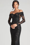 Lace Black Mermaid Off the Shoulder Formal Dress with Long Sleeves