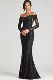 Lace Black Mermaid Off the Shoulder Formal Dress with Long Sleeves