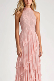 Blush Ruffled Halter Lace Chiffon Sheath Formal Dress