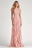 Blush Ruffled Halter Lace Chiffon Sheath Formal Dress