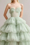 Sage Ball Gown Strapless Tiered Tulle Formal Dress