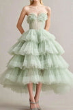 Sage Ball Gown Strapless Tiered Tulle Formal Dress