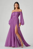 Purple Off the Shoulder Chiffon Pleated A-Line Formal Dress with Slit