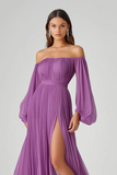 Purple Off the Shoulder Chiffon Pleated A-Line Formal Dress with Slit