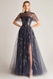 Navy Tulle A-Line Wrap Formal Dress with Slit