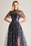 Navy Tulle A-Line Wrap Formal Dress with Slit