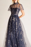 Navy Tulle A-Line Wrap Formal Dress with Slit