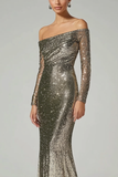 Sparkly Golden Off the Shoulder Sequined Sheath Formal Dress