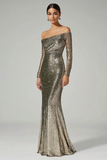 Sparkly Golden Off the Shoulder Sequined Sheath Formal Dress