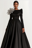 Black Ball Gown Satin Long Sleeves Formal Dress