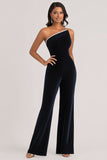 Velvet Navy One Shoulder Slim Fitted Formal Jumpsuit