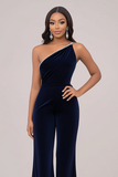 Velvet Navy One Shoulder Slim Fitted Formal Jumpsuit