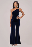 Velvet Navy One Shoulder Slim Fitted Formal Jumpsuit